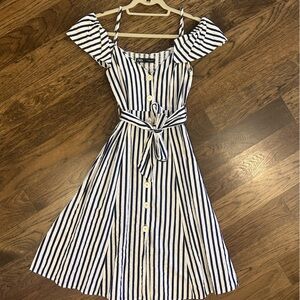 Striped Linen Off-Shoulder Dress with Belt